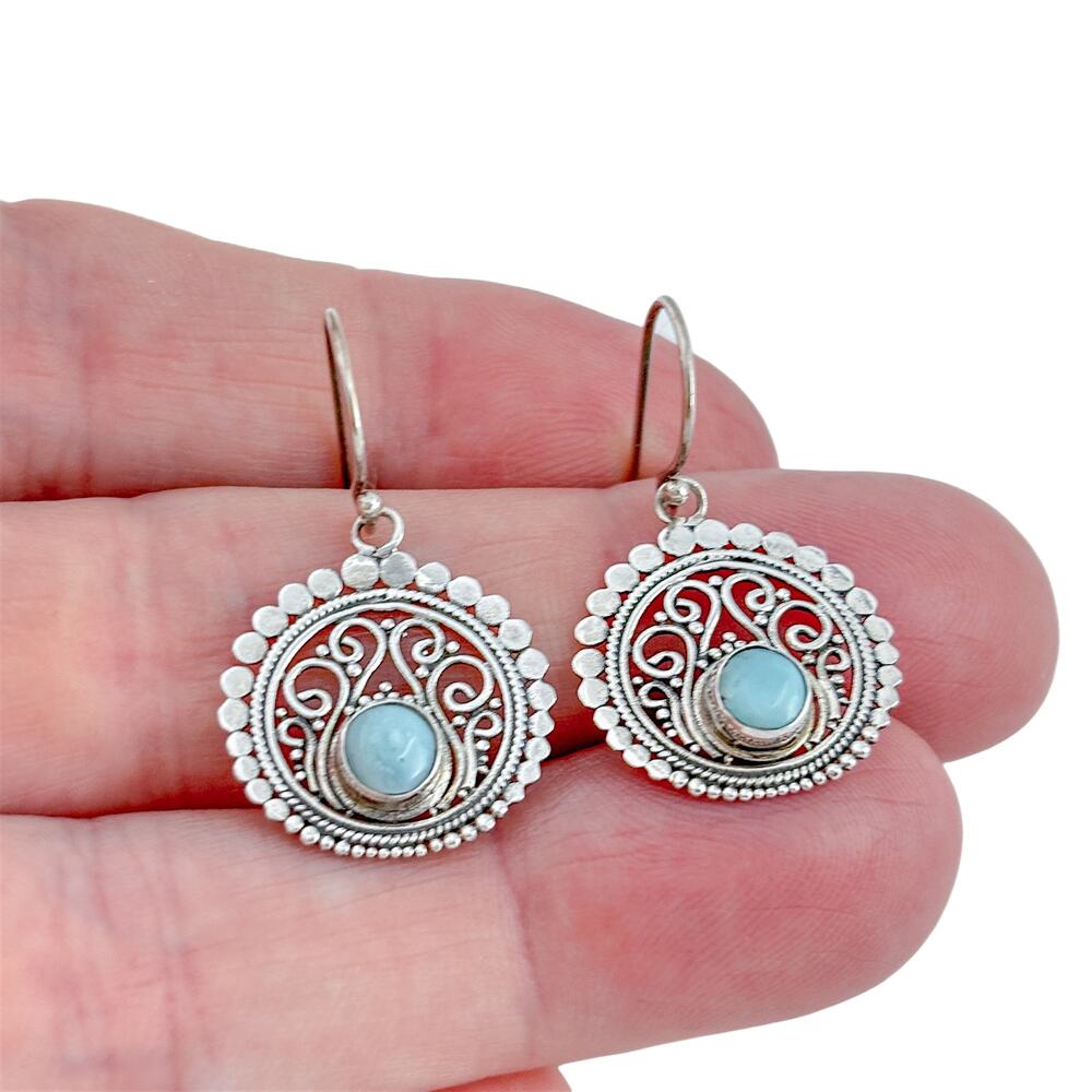 Vintage Sterling Silver 925 Larimar Filigree Dangle Earrings